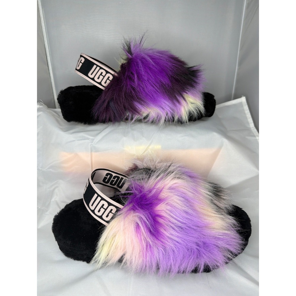 UGG Fluff Yeah Purple Multi Color Faux Fur Logo Strap Slides Slippers Womens